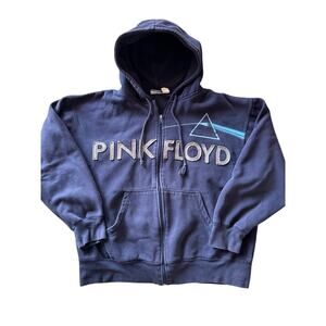 Y2K Pink Floyd Embroidered Letter Logo Full Zip Navy Blue L Baggy Hoodie Jacket